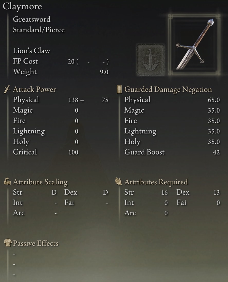 Elden Ring Greatswords - Claymore stats