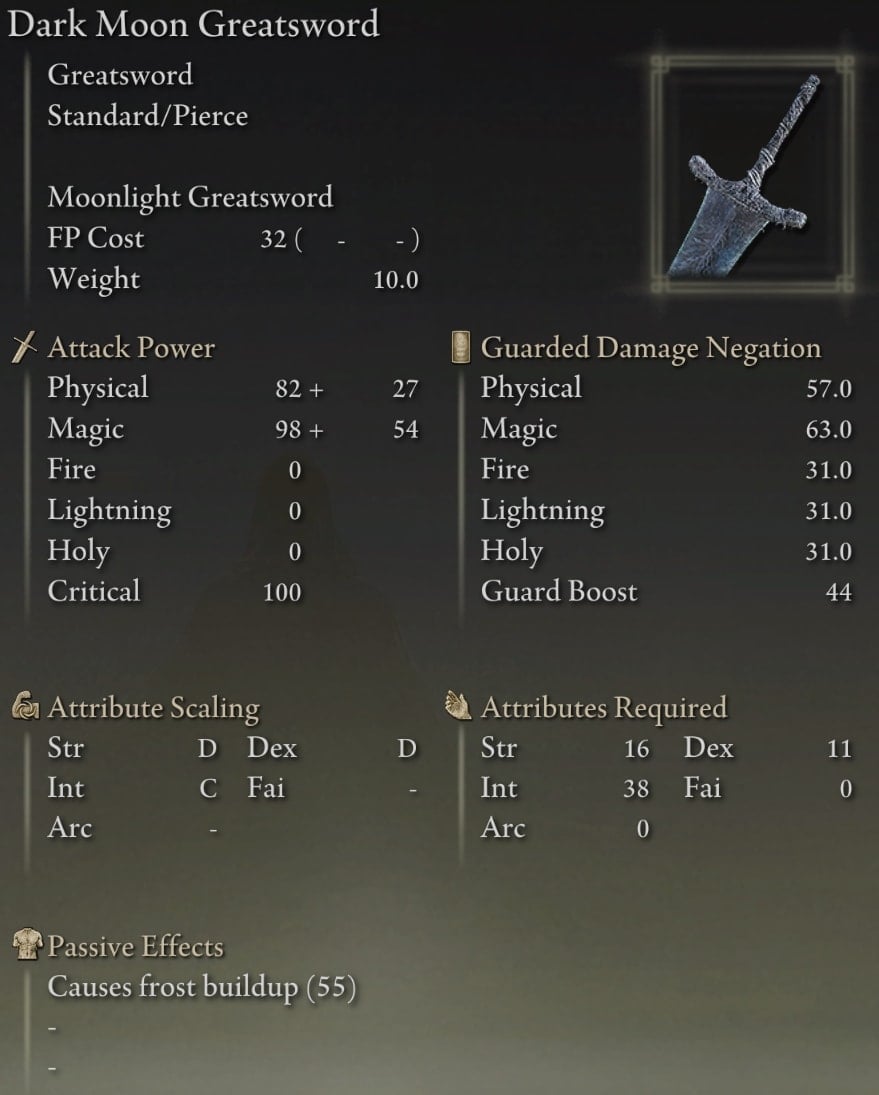 Elden Ring Greatswords - Dark Moon Greatsword stats