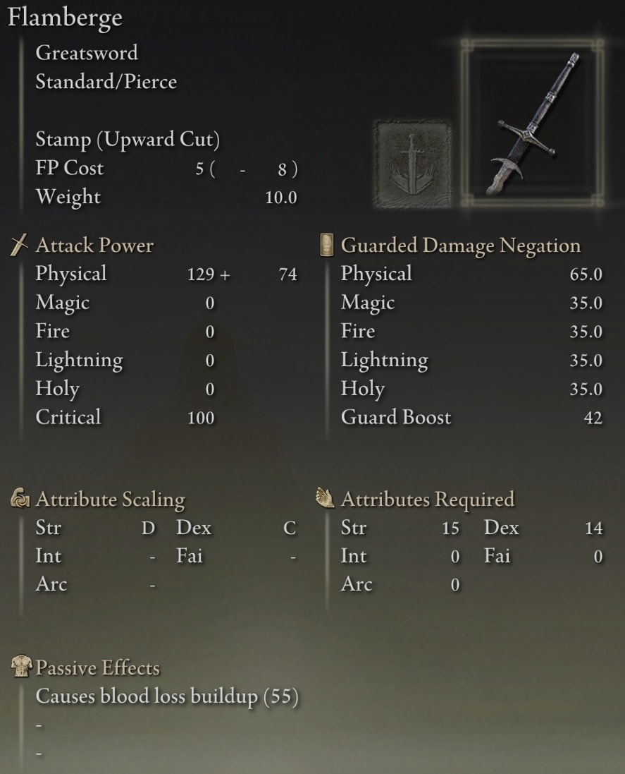 Elden Ring Greatswords - Flamberge stats