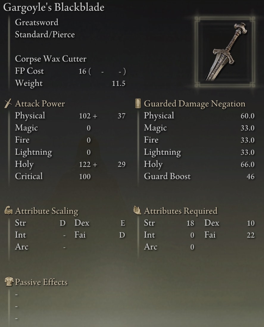 Elden Ring Greatswords - Gargoyle's Blackblade stats