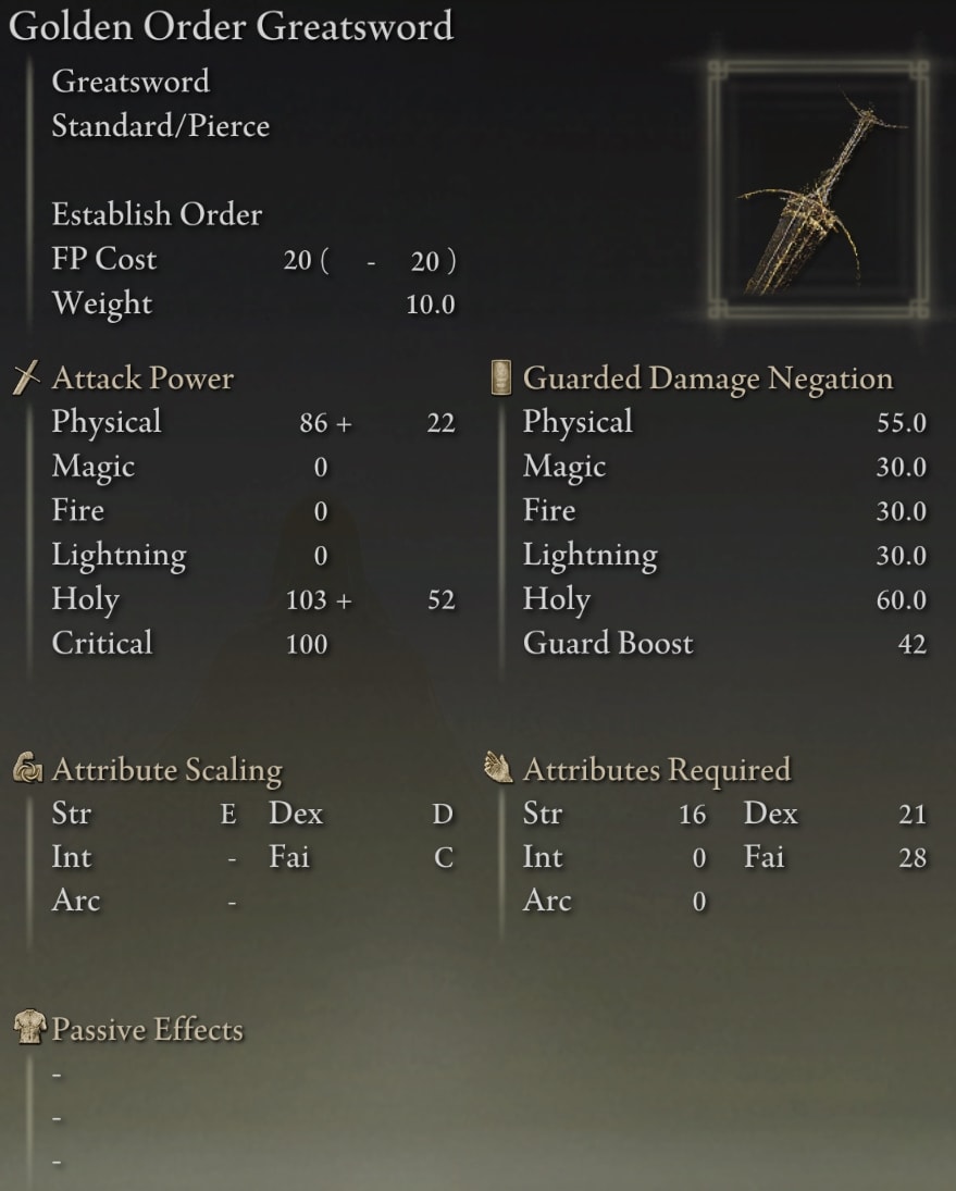 Elden Ring Greatswords - Golden Order Greatsword stats