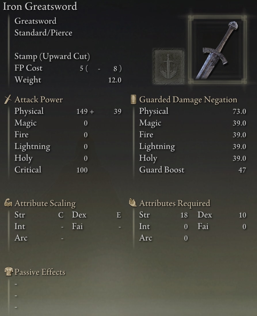 Elden Ring Greatswords - Iron Greatsword stats