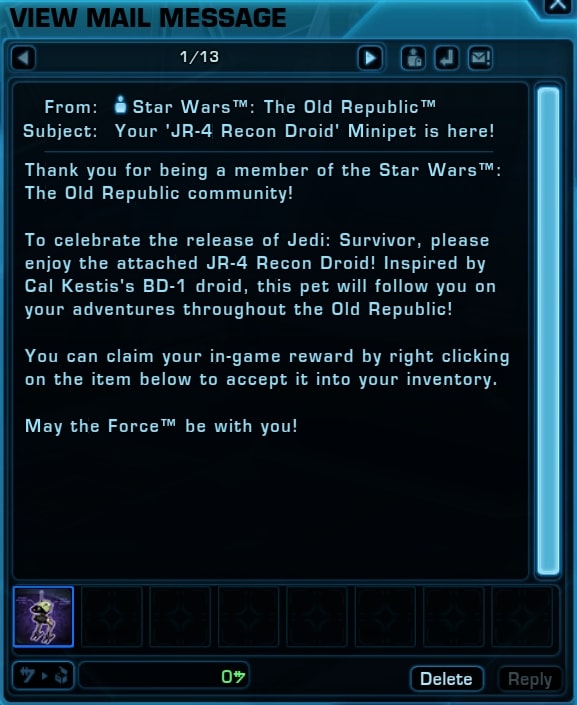 Jedi Survivor JR-4 Recon Droid Mini Pet in SWTOR mail