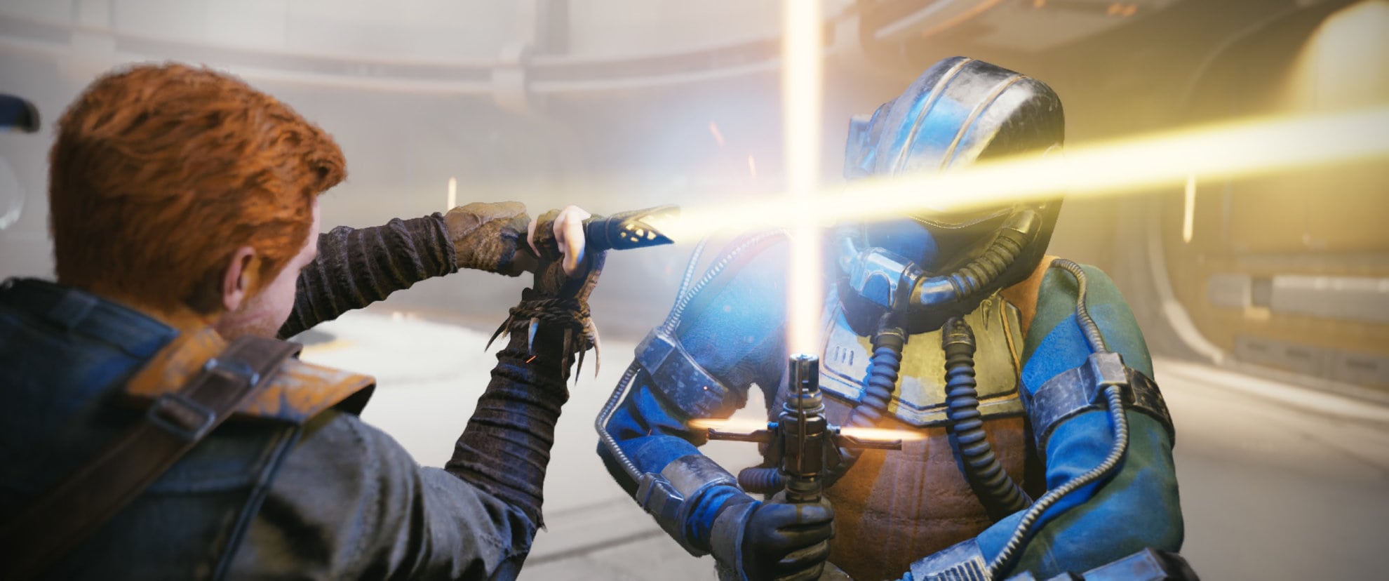 The in-game moment on the Shattered Moon where Cal encounters an opponent using a Crossguard, after which the lightsaber stance is unlocked