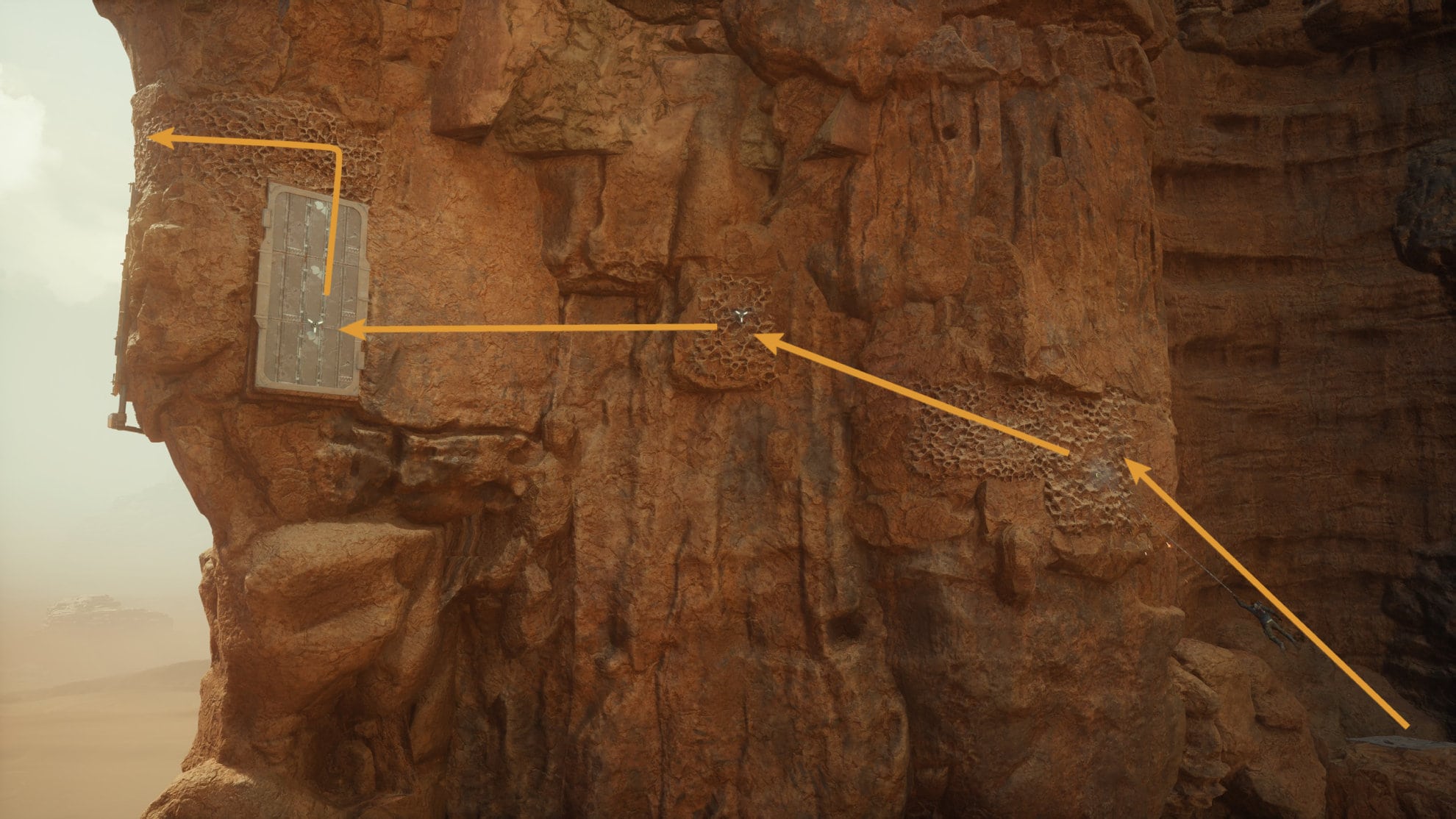 Jump across the spires and grab onto the hooks on the wall