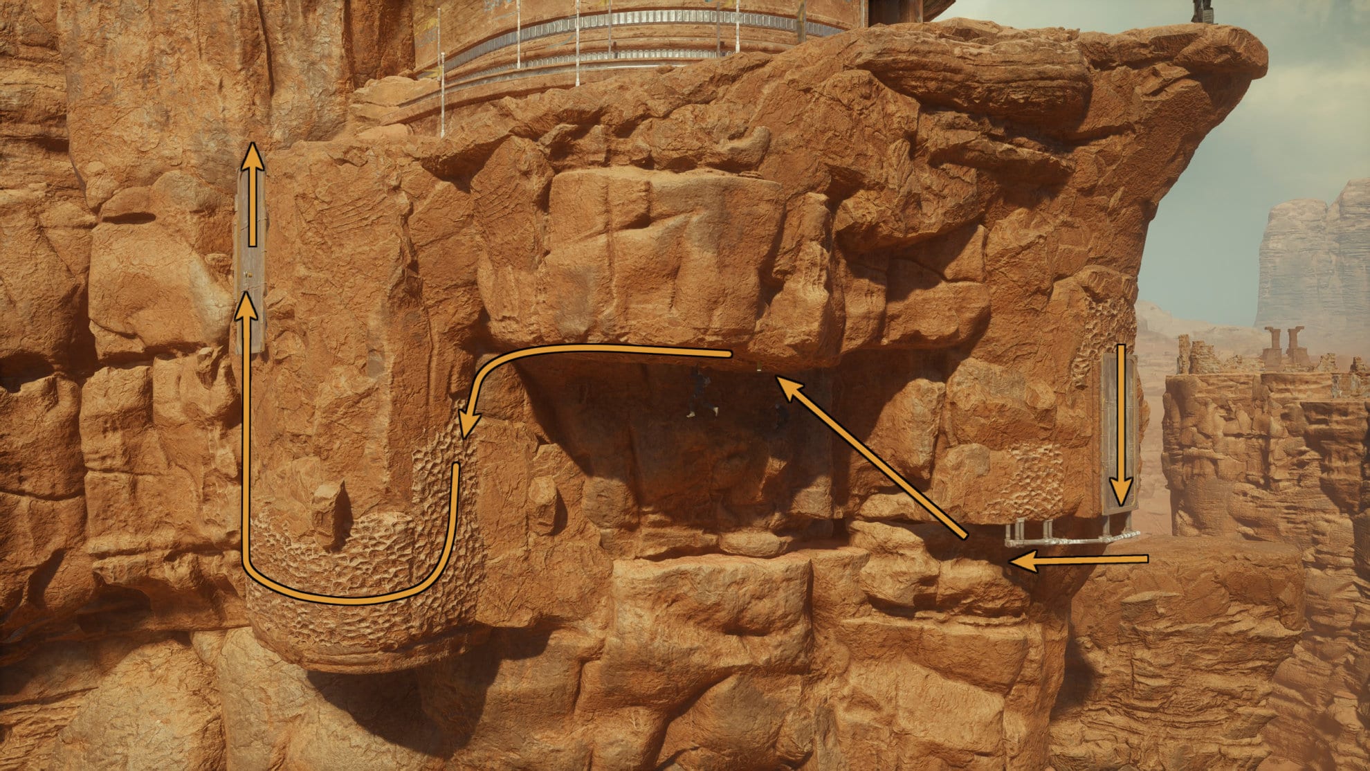 Go into the building on top of the ledge.