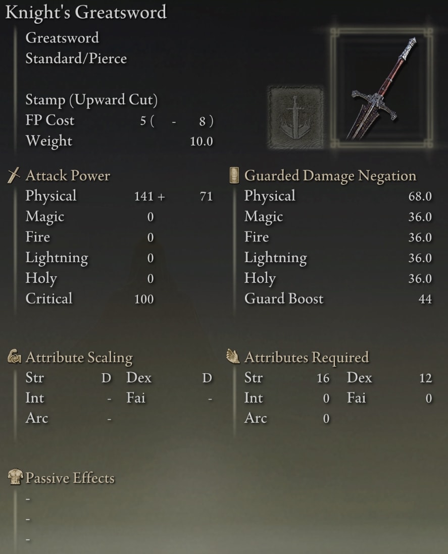 Elden Ring Greatswords - Knight's Greatsword stats