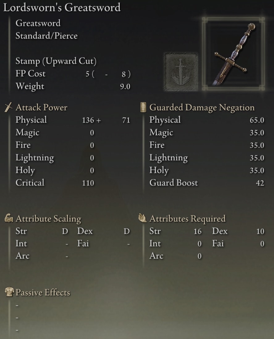 Elden Ring Greatswords - Lordsworn's Greatsword stats