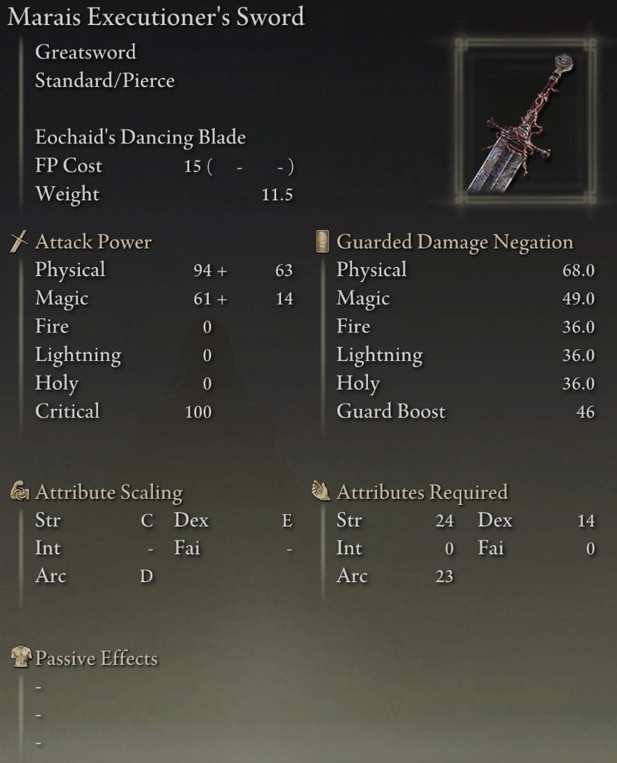 Elden Ring Greatswords - Marais Executioner's Sword stats