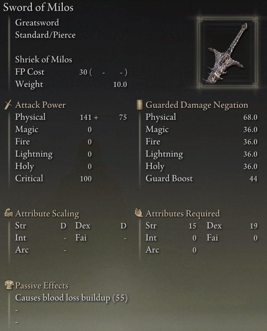 Elden Ring Greatswords - Sword of Milos stats