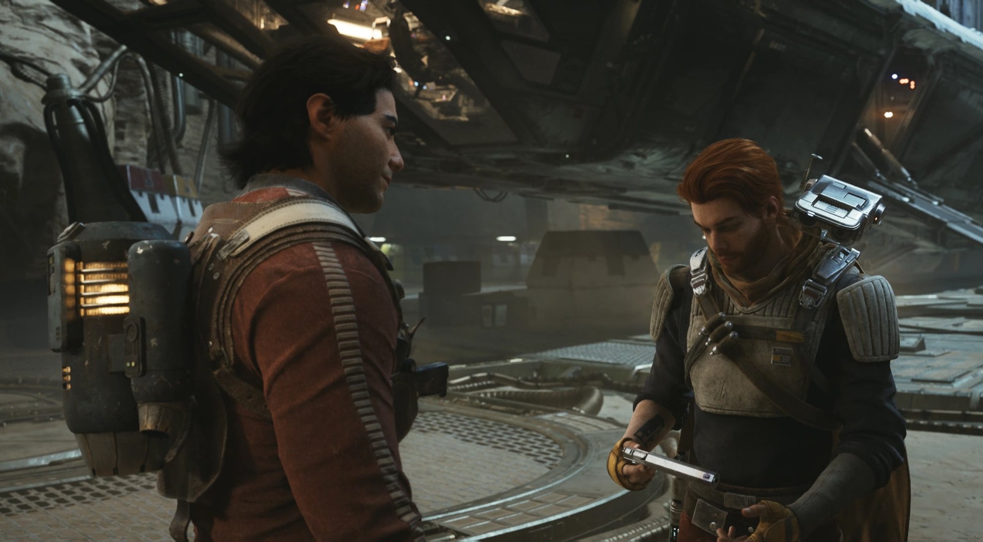 The in-game moment on Jedha when Bode gives Cal a Blaster, which unlocks the Blaster Stance