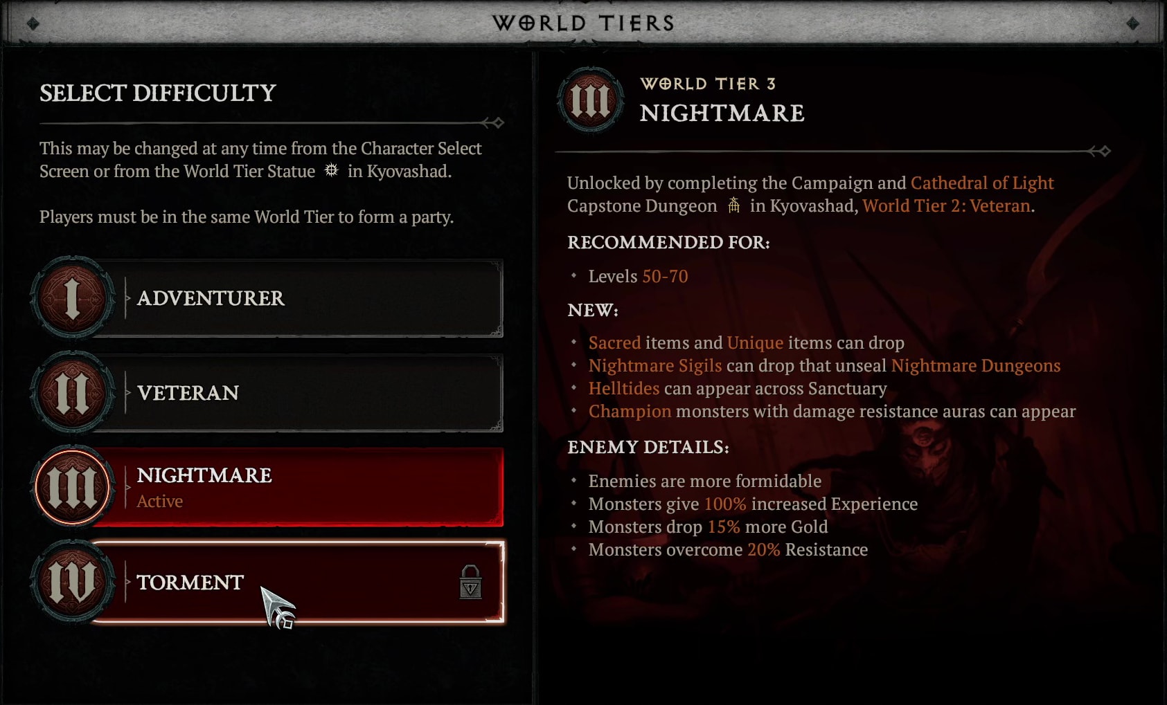 Diablo World Tiers explained - Tier 3 Nightmare