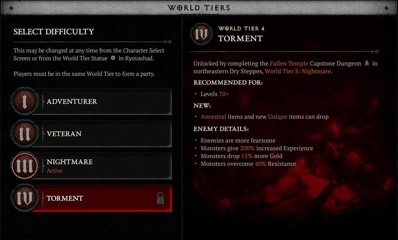 Diablo World Tiers explained - Tier 4 Torment