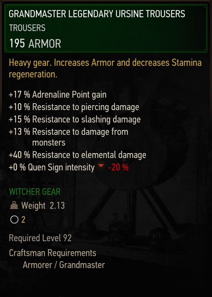 Grandmaster Legendary Ursine Trousers Stats