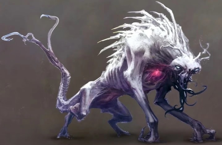 A drowing of the Nameless creature, portraing it as a wolf-like beast with huge front legs, long white mane and purple skin