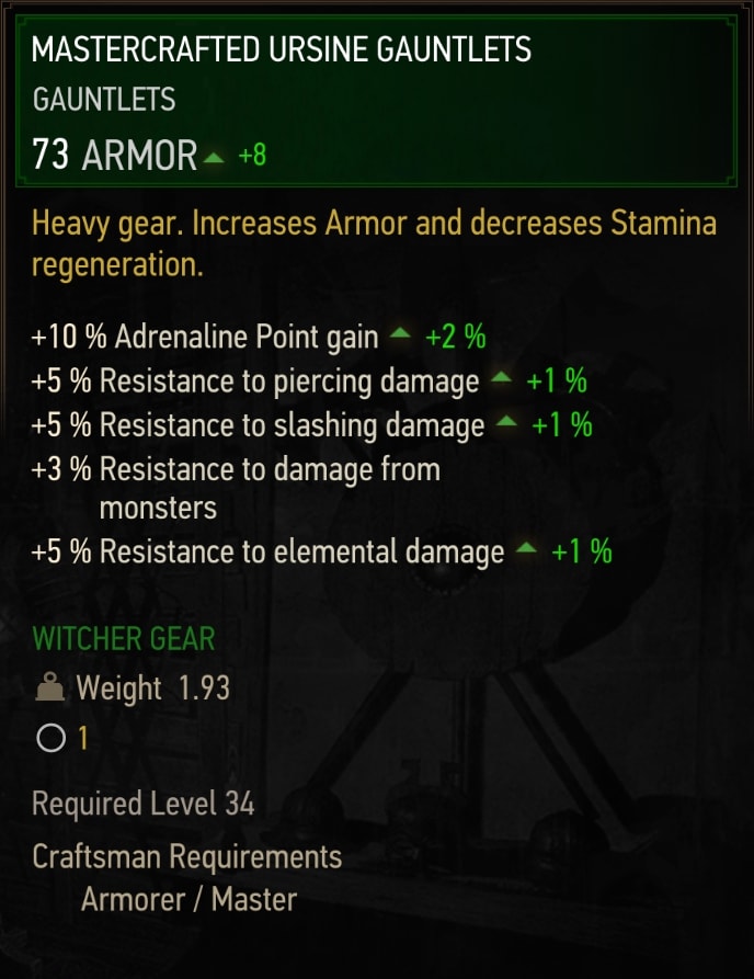 Witcher 3 Mastercrafted Ursine Gauntlets Stats