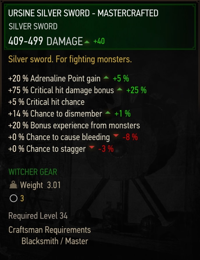Witcher 3 Mastercrafted Ursine Silver Sword Stats