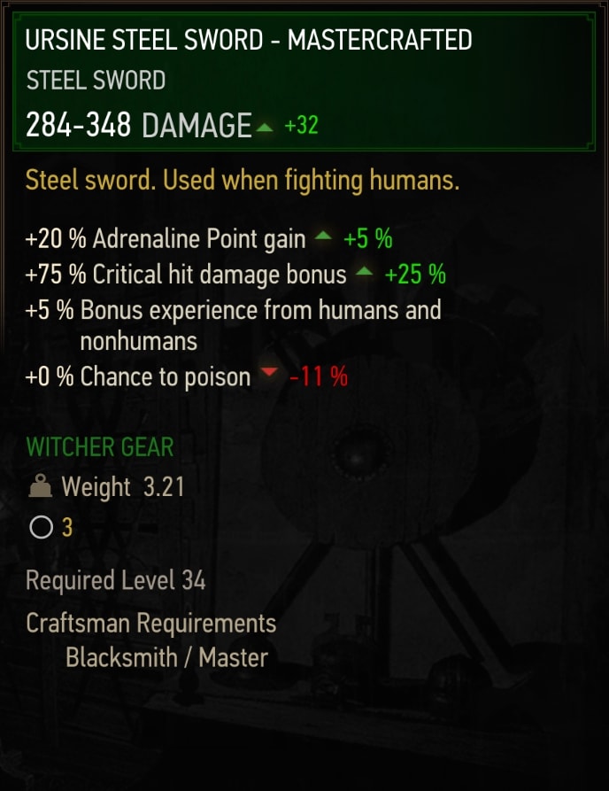 Witcher 3 Mastercrafted Ursine Steel Sword Stats