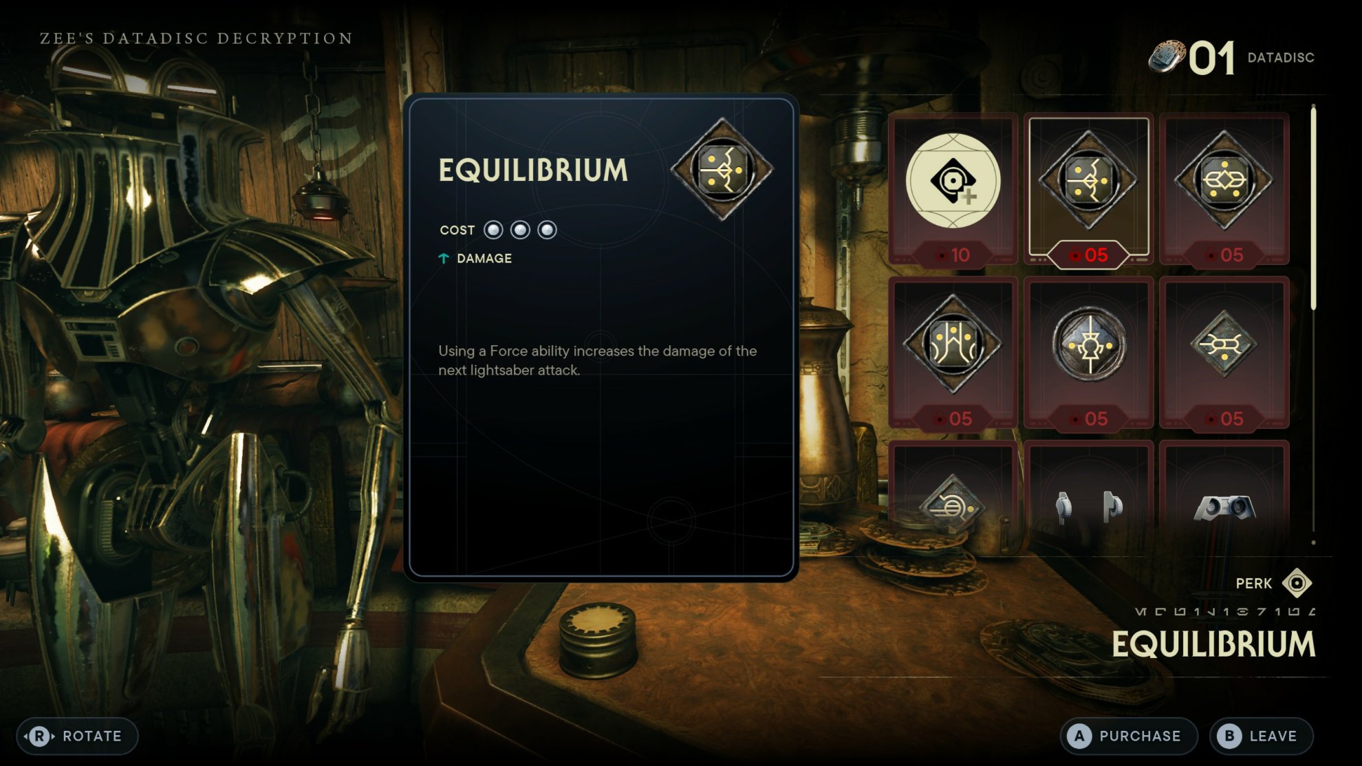 Zee's inventory on Koboh with an overview of the Equilibrium perk selected