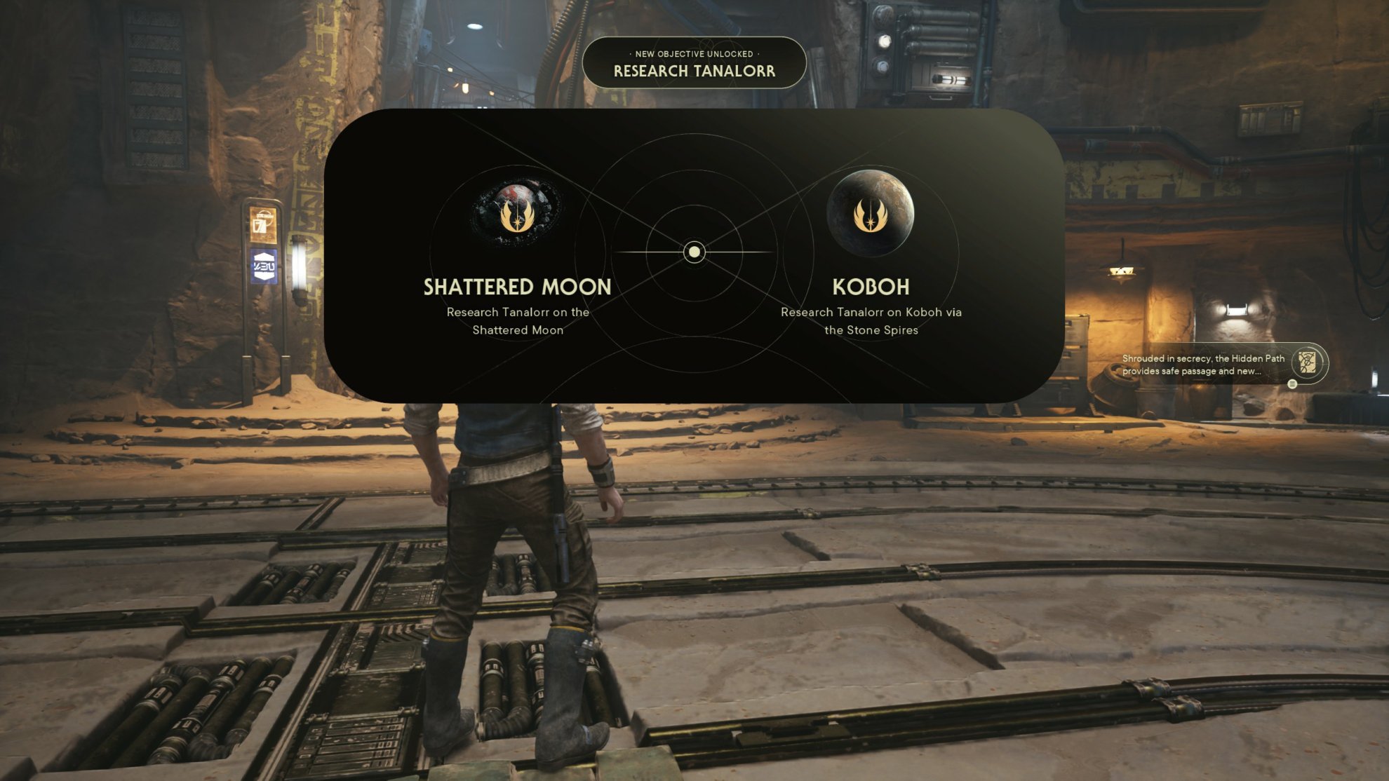 In-game notification for the main story progress going through the Shattered Moon and Koboh