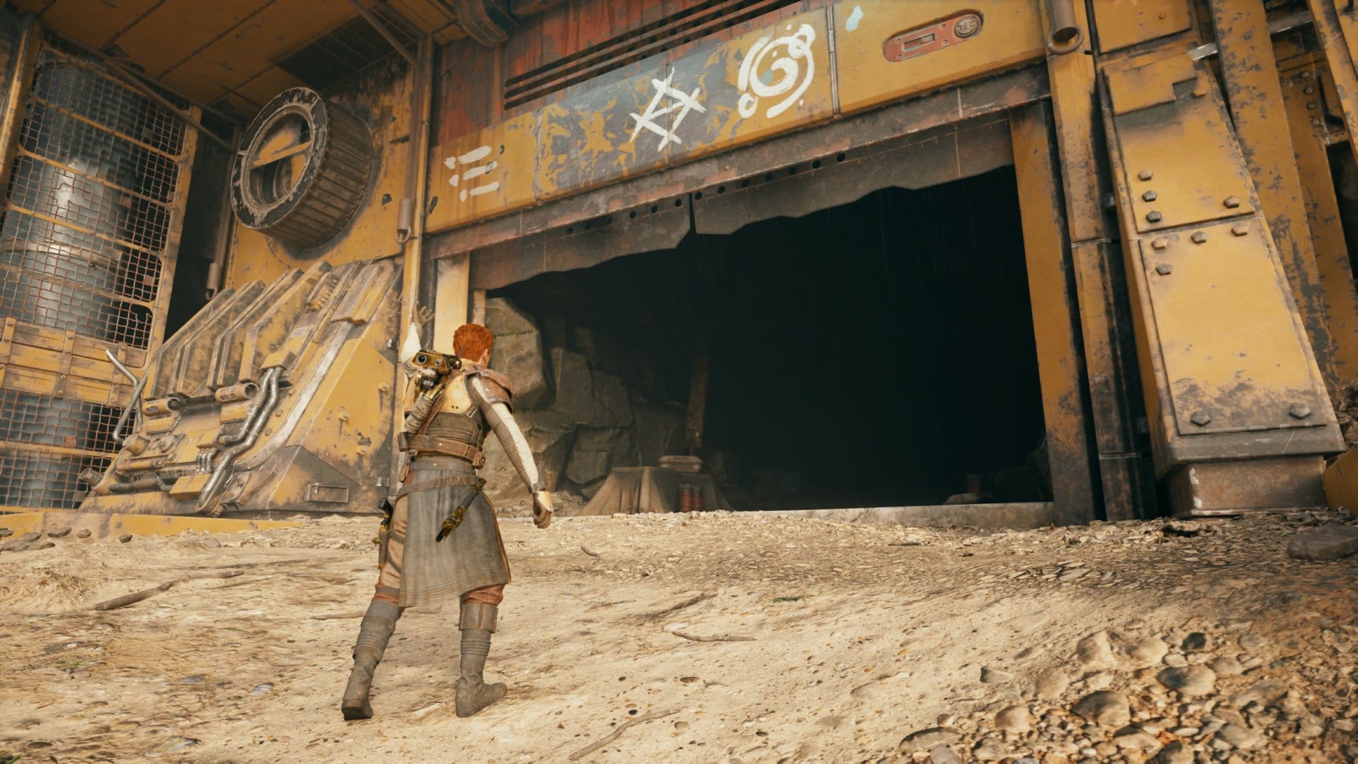 Cal using the Force Lift ability to open a metal door on Koboh