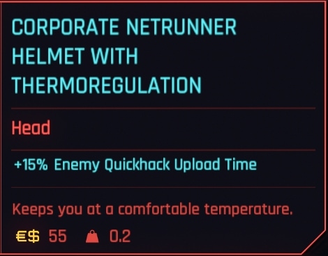 Corporate Netrunner Helmet with Thermoregulation - item description and stats
