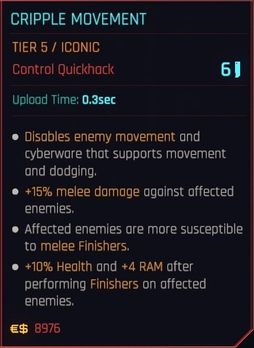 Cripple Movement Iconic Quickhack Stats