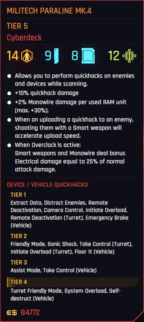 Cyberpunk 2077 Update 2.0 Operating System Cyberware Description - Cyberdecks - Militech Paraline MK.4