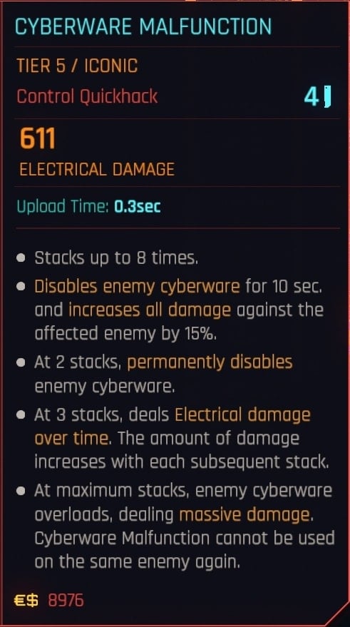 Cyberware Malfunction Iconic Quickhack Stats