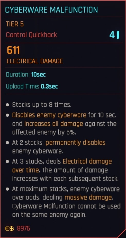 Cyberware Malfunction Quickhack in-game description