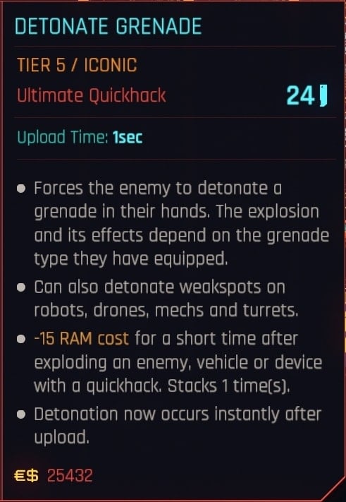 Detonate Grenade Iconic Quickhack Stats