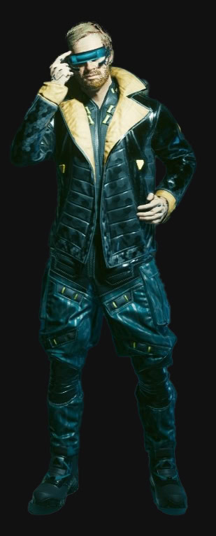 V in Cyberpunk 2077 wearing a Netrunner suit and glasses