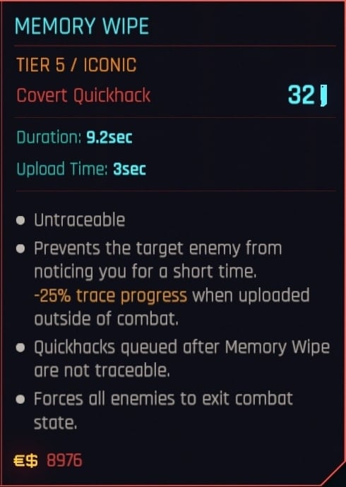 Memory Wipe Iconic Quickhack Stats