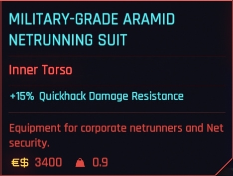 Military-grade Aramid Netrunning suit - item description and stats