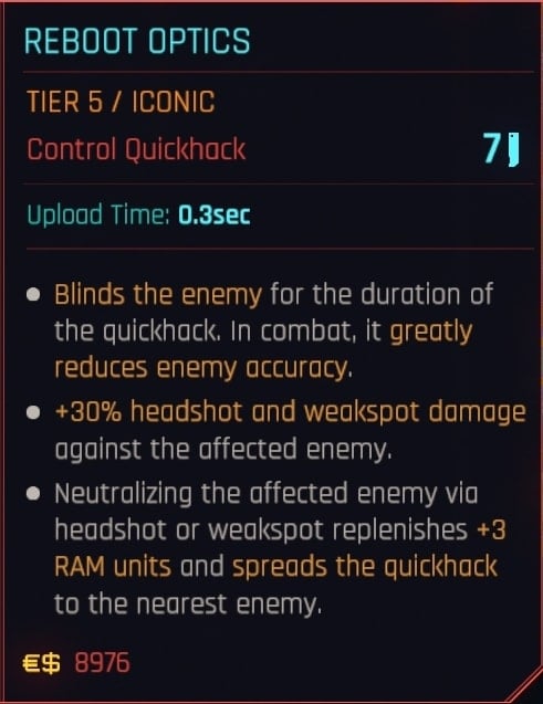 Reboot Optics Iconic Quickhack Stats