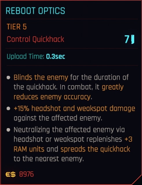 Reboot Optics Quickhack in-game description