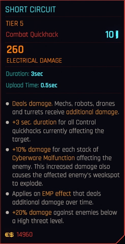 Short Circuit Quickhack in-game description