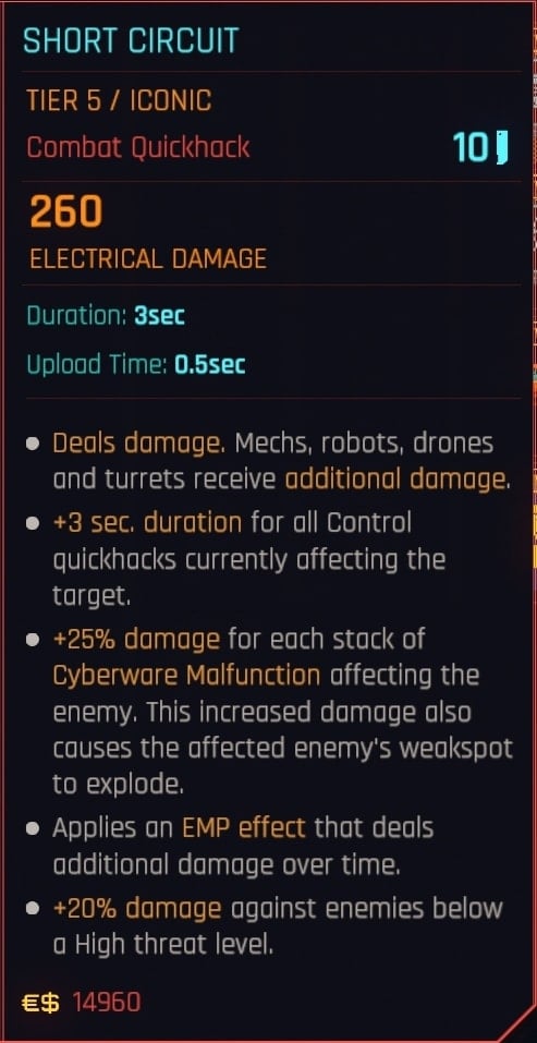 Short Cirtcuit Iconic Quickhack Stats