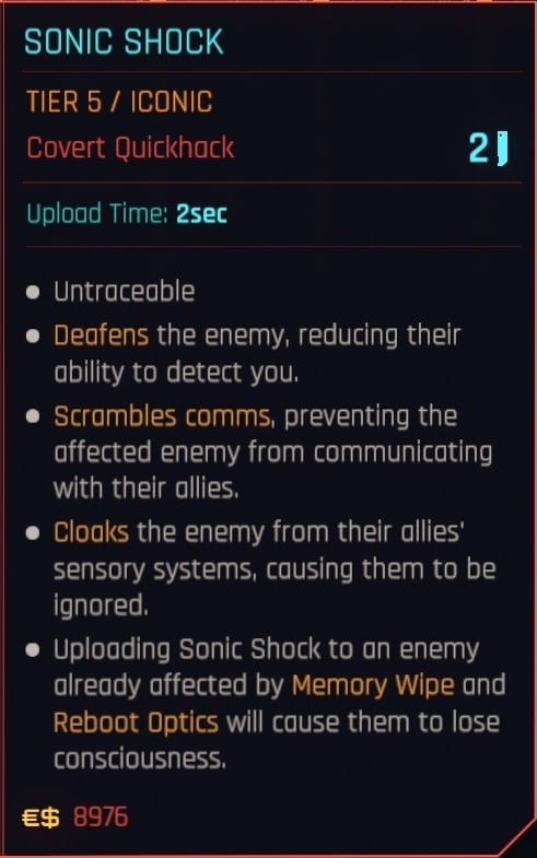 Sonic Shock Iconic Quickhack Stats