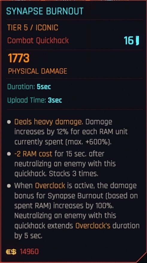 Synapse Burnout Iconic Quickhack Stats