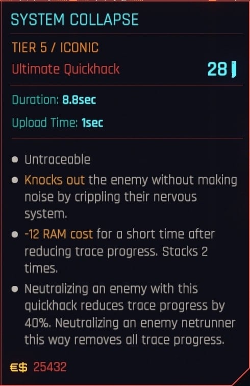 System Collapse Iconic Quickhack Stats