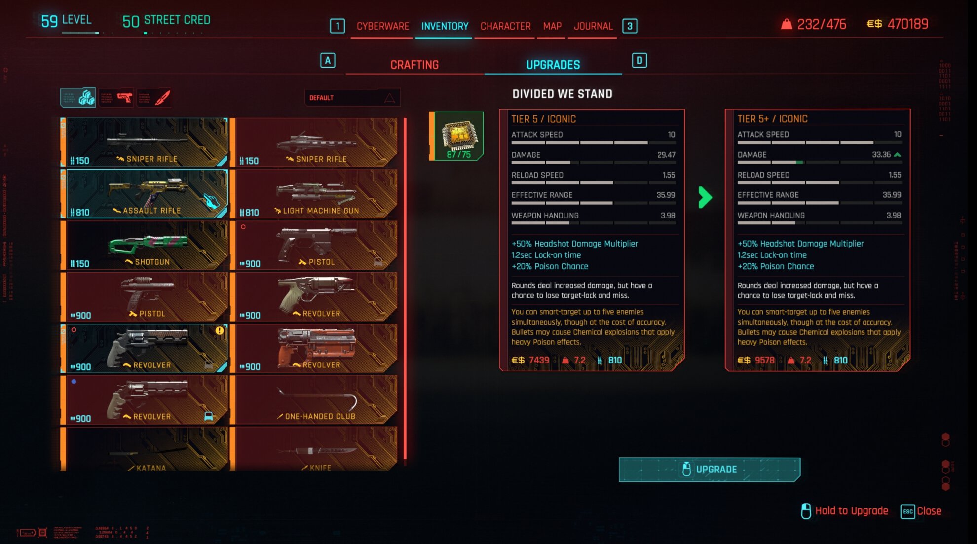 Upgrading an Iconic Weapon in Cyberpunk 2077 Update 2.0