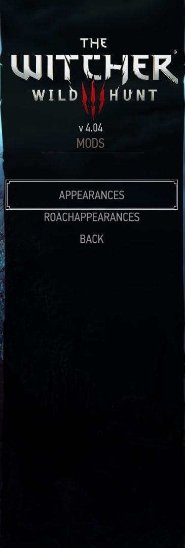 Witcher 3 Transmog featured added via a mod - the main menu MODS options