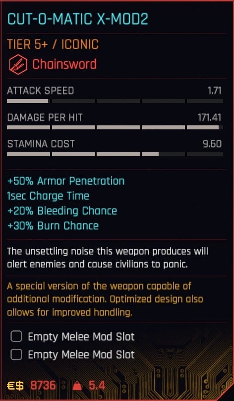 Cut-o-Matic x-MOD2 (Chainsaw) Stats