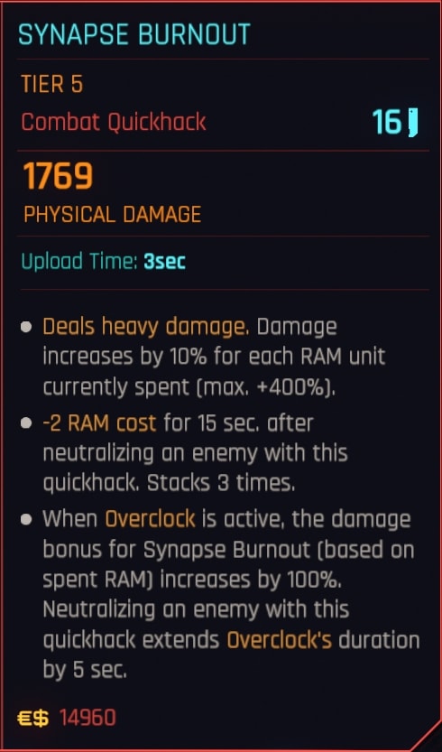 Synapse Burnout Quickhack in-game description