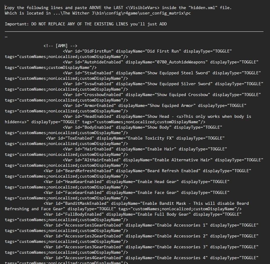 AMM Witcher 3 Transmog Guide - hidden file contents