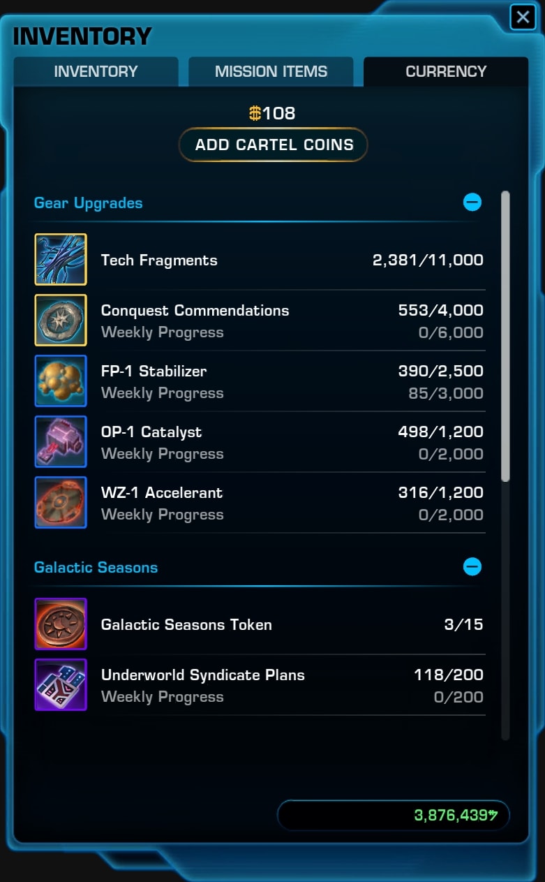 Where to find the SWTOR Currency Tab