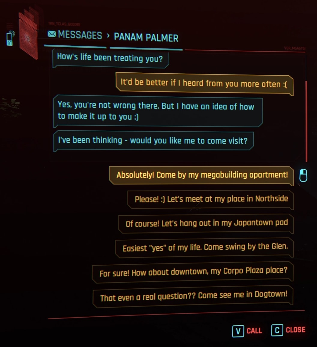 Invitation to hang out with your significant other in Cyberpunk 2077 Update 2.1