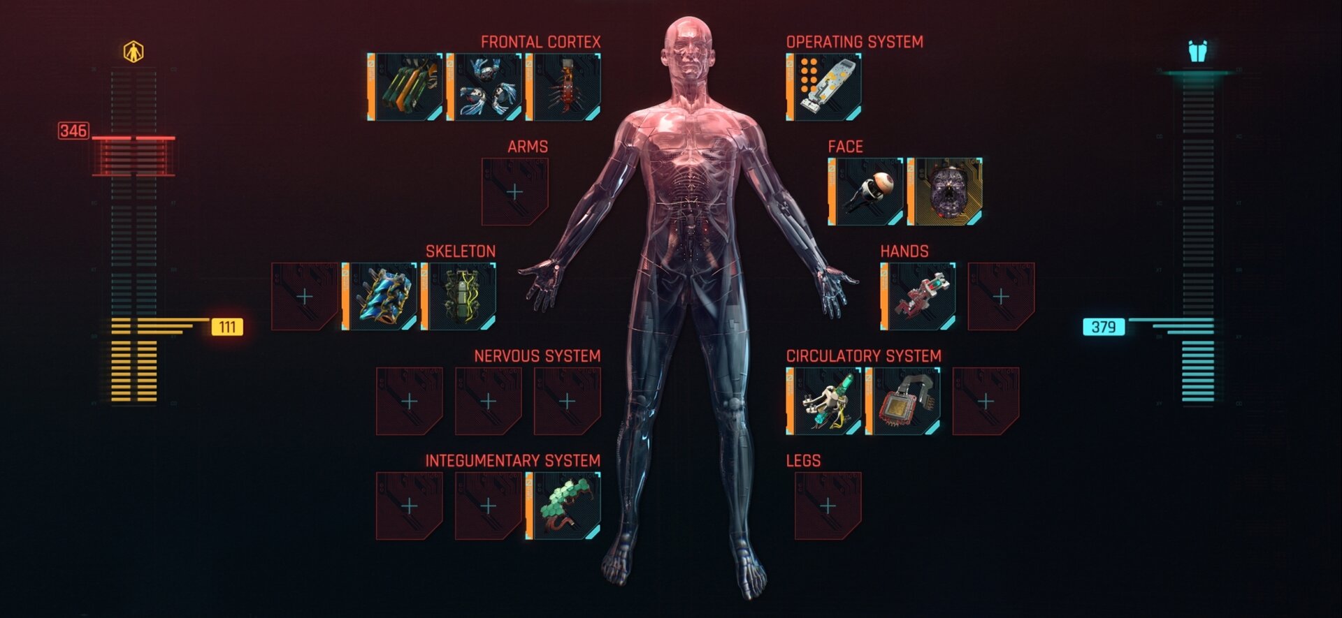 Cyberware equipment screen in Cyberpunk 2077 showing the recommended primary Cyberware mods only for the Netrunner build