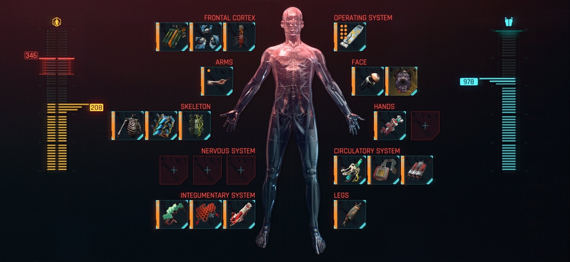 Cyberware equipment screen in Cyberpunk 2077 showing the recommended secondary Cyberware mods only for the Netrunner build